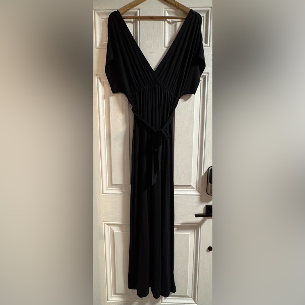 J. Crew Black V-Neck Maxi Dress with Tie Waist